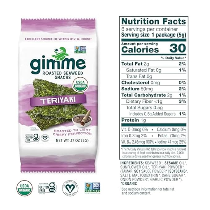 Gimme Seaweed Organic Premium Roasted Seaweed Snacks, Teriyaki, 6 Count, Keto, Vegan, Gluten-Free, Great Source of Omega3s and Iodine, Healthy On-The-Go Snack for Kids and Adults