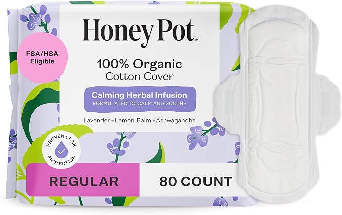 Honey Pot - Calming Herbal Regular Sanitary Pads for Women - 100% Organic Cotton Top Sheet - Feminine Care - Non Cooling - Calming Herbs of Lavender, Ashwagandha, & Lemon Balm - 80ct
