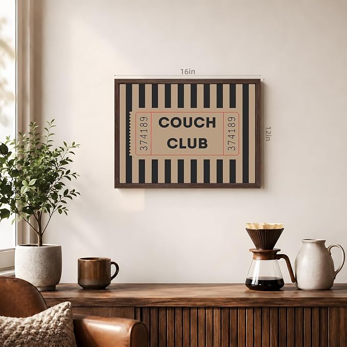 VziizV Vintage Couch Club Ticket Wall Art, Retro Ticket Canvas Print, Minimalist Graphic Wall Decor, Black Striped Typography Artwork for Living Room Bedroom Office Wrapped Canvas 12x16 Inch