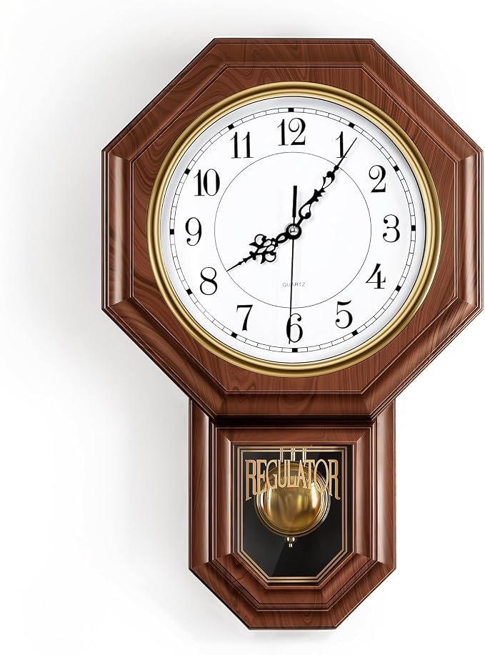 Pendulum Wall Clock,Imitation Wood Plastic Regulator Wall Clocks,Brown | Battery Operated,Non-Ticking,Retro Wall Decor Gift,Easy to Read,For Living Room,Dining Room,Schoolhouse,Farmhouse