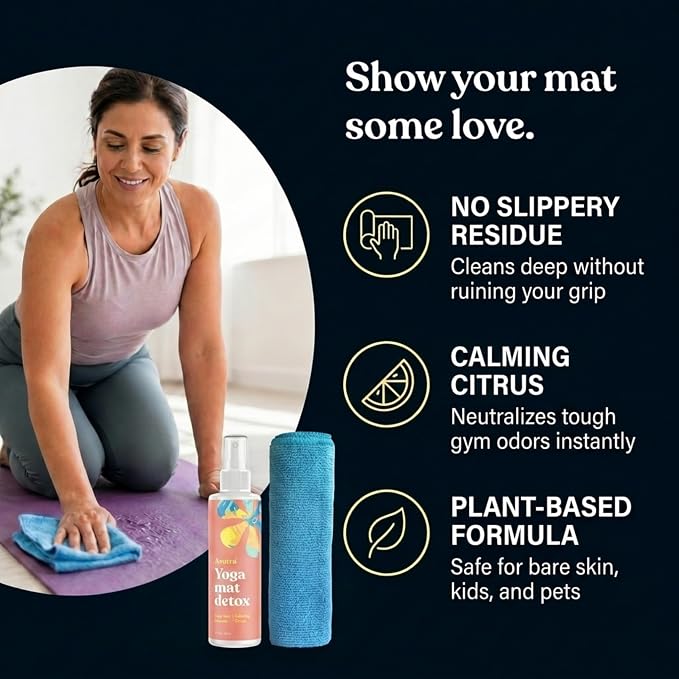 ASUTRA Yoga Mat Cleaner Spray (Calming Citrus), 4 fl oz - No Slippery Residue, Organic Essential Oils, Deep-Cleansing for Fitness Gear & Gym Equipment, Microfiber Towel Included