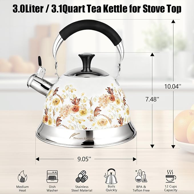 Stainless Steel Whistling Tea Kettle Stovetop - 3.1QT Tea Pot for Stove Top, Vintage Floral Print, Foldable Handle, 304 Stainless Steel Interior Teatop for Tea, Coffee, Party & Gift