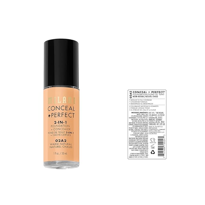 Milani Conceal + Perfect 2-in-1 Foundation + Concealer for a Flawless Complexion, Under Eye Corrector, Cover Redness and Imperfections, Waterproof and Sweatproof - Warm Natural