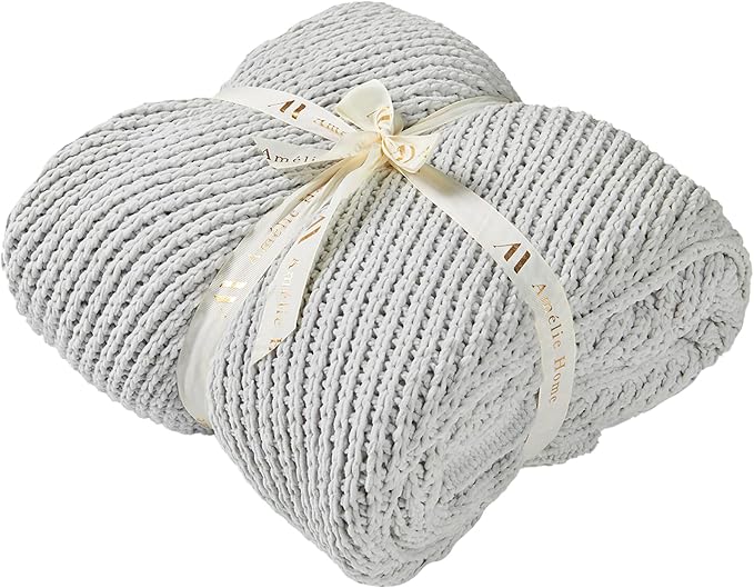 Knit Throw Blanket, Soft Chenille Cozy Breathable Chevron Chunky Decorative Blanket for Couch, Bed & Sofa, French-Inspired Lightweight Warm Gift for Women, Light Gray, 50"x60"