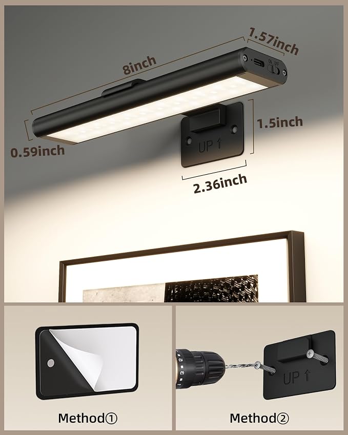 EZVALO RGB Picture Light for Wall, 2400mAh Wireless Rechargeable Color Changing Art Light with Remote, 16 Colors, Dimmable Magnetic LED Display Lights for Painting, Bedroom, Gaming Room (Black-3P)