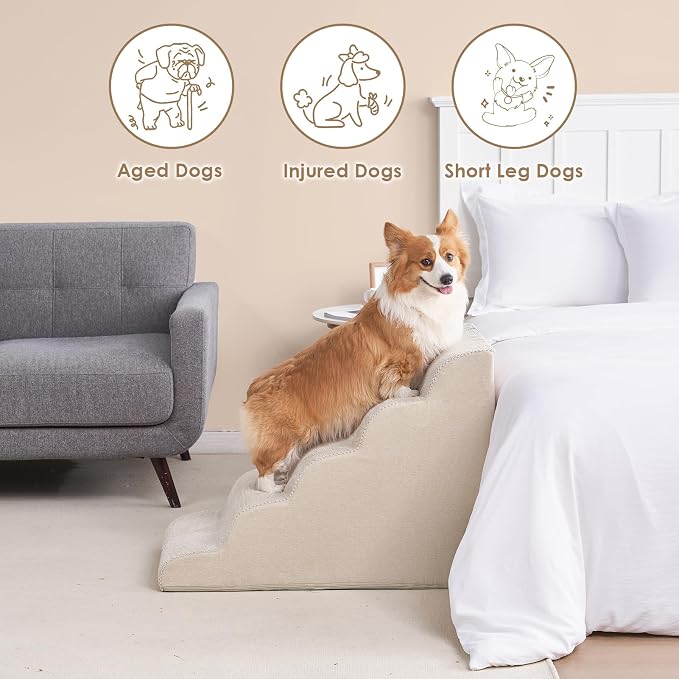 EHEYCIGA Curved Dog Stairs Ramp, 5-Step Extra Wide High Beds, Pet Step | 33D density of pure foam, for Small Dogs and Cats, Pet Stairs for High Bed Climbing, Non-Slip Balanced Indoor, Beige