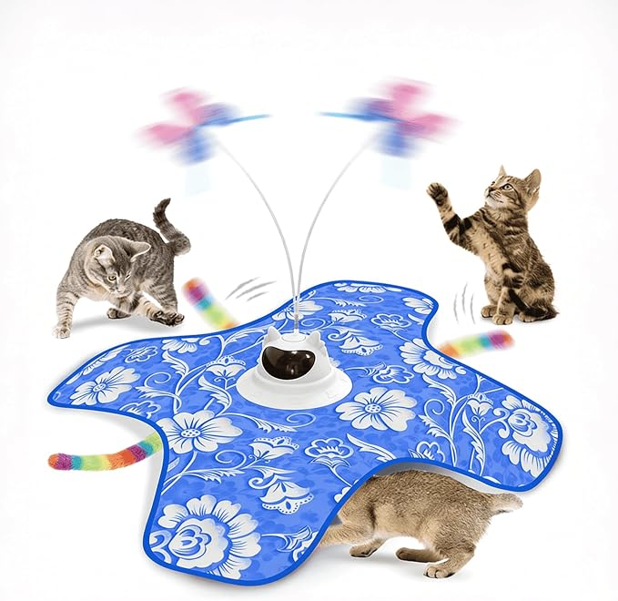 Interactive Cat Toy for Indoor Cats, Rechargeable 3-in-1 Hide and Seek Cat Toy with Spinning Butterfly & Plush Tail, Ultra-Quiet Touch Activated Self Play Cat Exercise Toy for Adult Kittens (Teal)