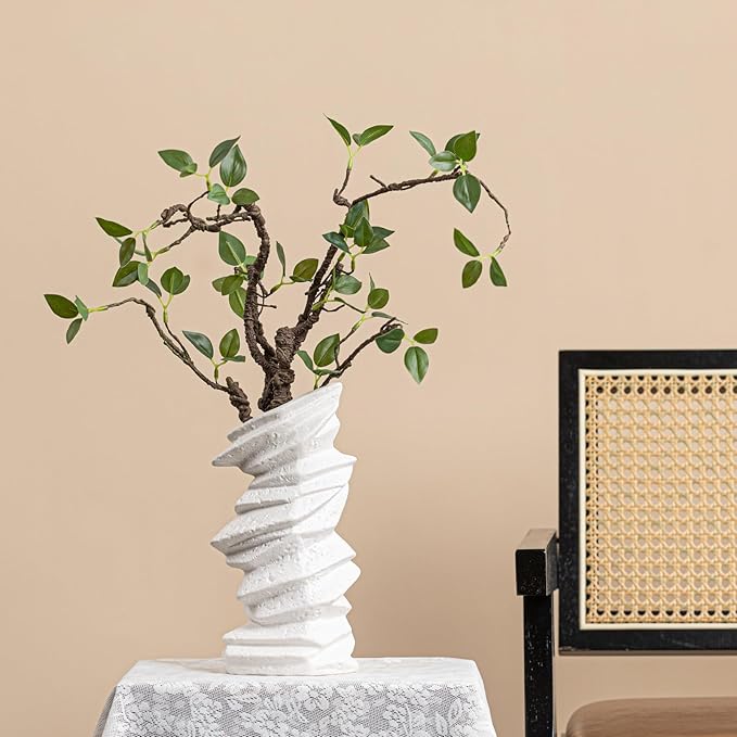 Stone-Stack White Ceramic Vase - 10" Unique Flower Vase for Pampas Grass, Farmhouse Decorative Vase for Living Room/Office, Boho Vase Ideal for Home Gifts & Centerpieces
