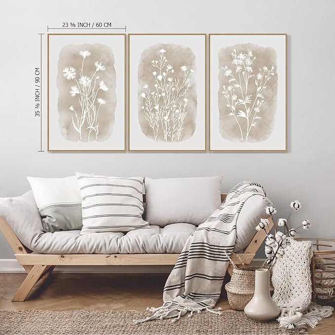 SAFERRYHOME Neutral Wildflower Beige Botanical Wall Art,3 Panels, 24x36 Inch