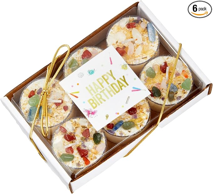 Happy Birthday Candle by New Moon Beginnings - Intention & Manifestation - Birthday Wish Candle - Crystal & Herb Candles - Aromatherapy Candles - Soy Candle (6 Pack tealights)