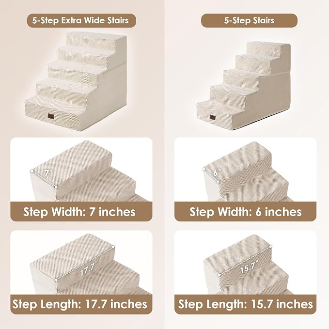 EHEYCIGA Dog Stairs for High Bed 25" H, Extra Wide Dog 5-Step, Beige | Pet Steps for Small Dogs and Cats for Bed, Non-Slip Balanced Pet Ramp Indoor
