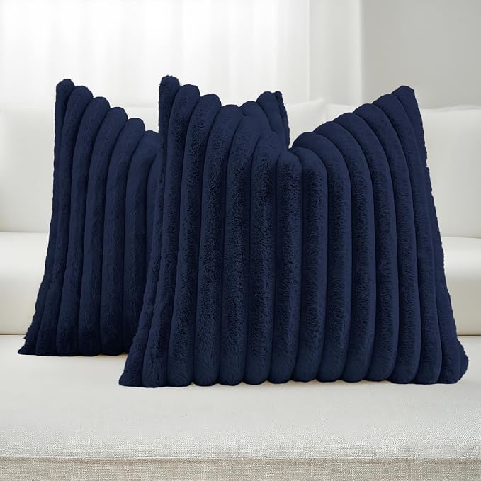 FUTEI Pack of 2 Faux Fur Throw Pillow Covers 16x16 Inch, Dark Navy | Fluffy Faux Rabbit Fur Front/Premium Velvet Back,Hidden Zipper,Machine Washable,Non-Shedding,Colorfast,Insert Not Included.