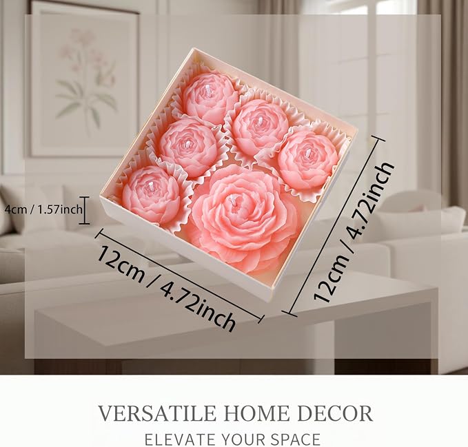 Flower Candles, Rose Peony Shaped Scented Floral Candle (Pink) | 6-Pack Handmade Aromatherapy for Spa Party Wedding Home Decor