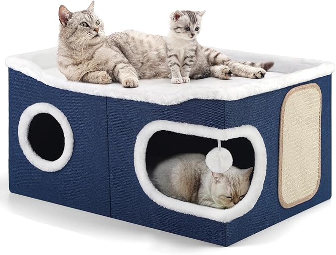 Shikha Extra Large Cat House Bed for Multi Cats with Scratch Pad Blue | 24 x 17.7 x 12.6 IN Widen Cat Cave Cube for Multi Pets, Foldable, Arc-Edge Design, Oval Door, All Seasons Reversible Cushion