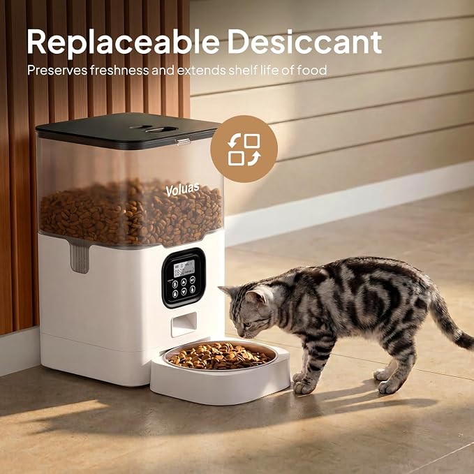 VOLUAS Automatic Cat Feeder, 6L Timed Dry Food Dispenser for Cats & Dogs | Programmable Portion Control, Up to 4 Meals Daily, Dual Power Supply, Power-Off Memory, 10-Second Voice Recorder
