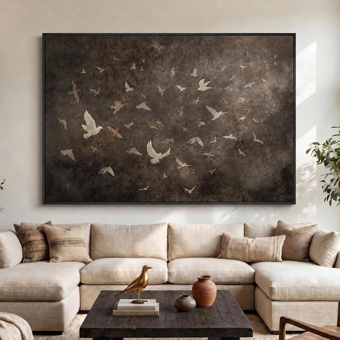Oversized Framed Vintage Bird Wall Art for Living Room, Extra Large Brown Moody Canvas Prints Artwork for Walls, Horizontal Retro Abstract Painting Picture for Hallway Home Office Wall Decor, 72x48 In