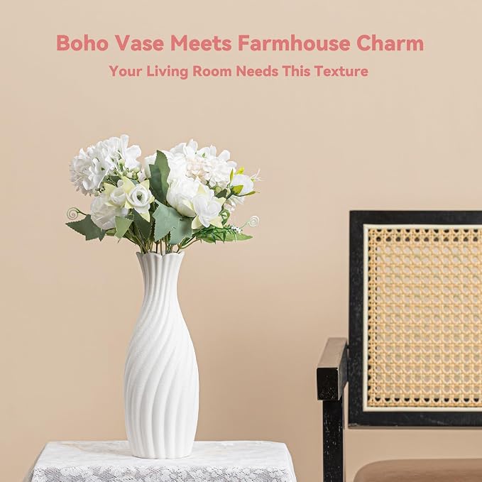 White Ceramic Vase with Swirl Texture - 10" Unique Flower Vase for Pampas Grass & Centerpieces, Decorative Boho/Farmhouse Vase for Living Room, Office Desk & Housewarming Gift (for Her/Yourself)