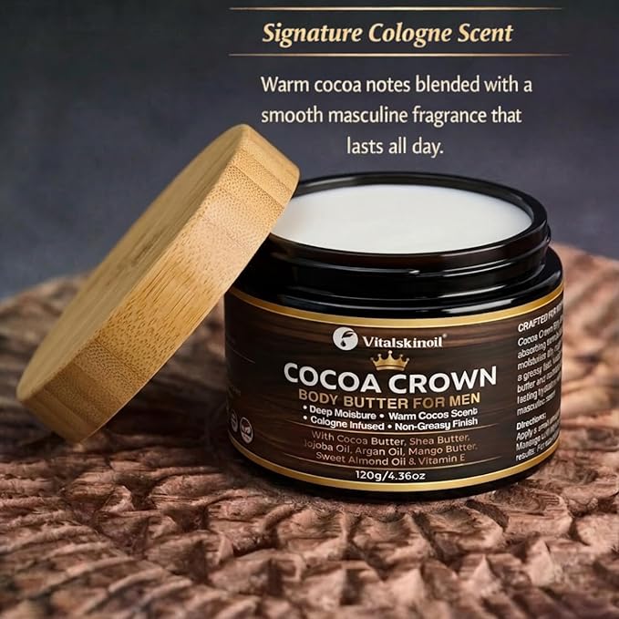 Body Butter for Men, Cocoa Crown Cologne Infused Moisturizer with Cocoa Butter, Shea Butter, Jojoba Oil, Argan Oil, Mango Butter, Sweet Almond Oil & Vitamin E, 4.36oz