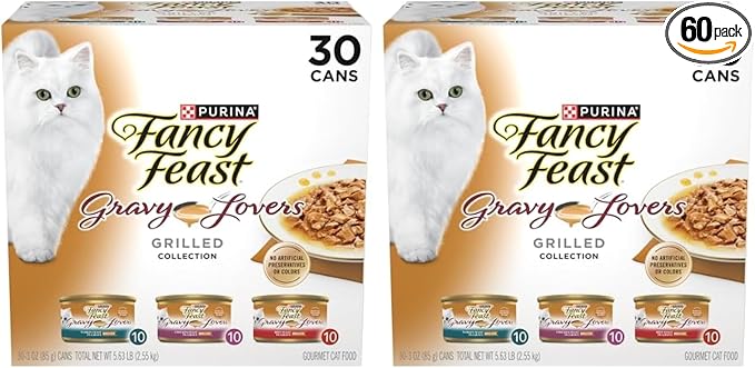 Fancy Feast Purina Gravy Lovers Poultry and Beef Grilled Gourmet Wet Cat Food Variety Pack - 3 oz. Cans,(Pack of 60)