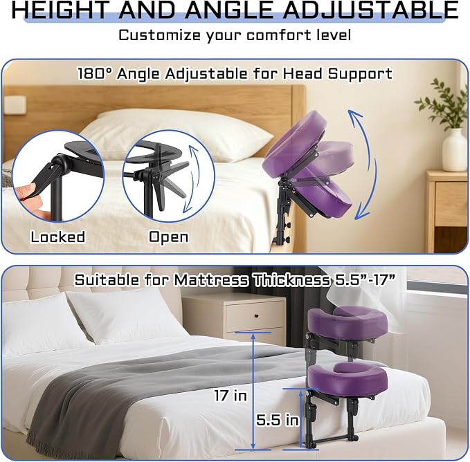 Massage headrest for Bed with Storage Bag Mattress Top Massage Kit | Adjustable Massage Face Cradle at Home for Massage SPA Foldable & Portable Face Down Pillow After Eye Surgery (Purple)