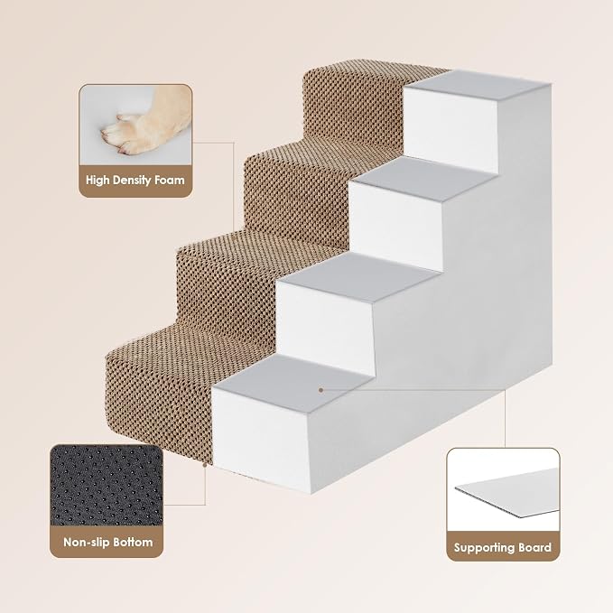 EHEYCIGA Dog Stairs for Bed 18" H, 4-Step Dog Steps for High Bed, Camel | Pet Steps for Small Dogs and Cats, Non-Slip Balanced Pet Ramp Indoor