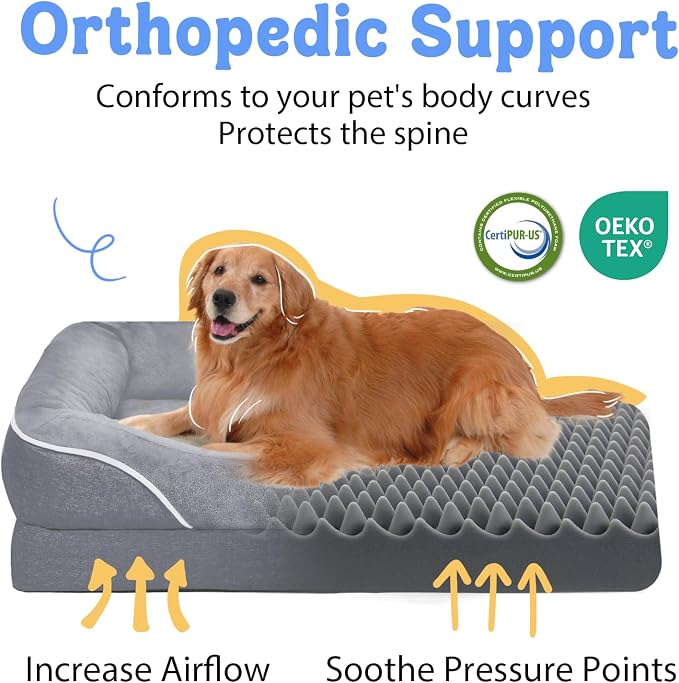 Waterproof Orthopedic XL Dog Bed for Large and Extra Large Dogs | Egg Crate Foam, 4-Sided Bolster Support, Waterproof Liner, Non-Slip Bottom, Machine Washable Cover, 42 x 30 Inch