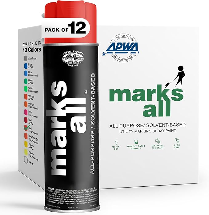 Fox Valley 18oz Marks All Solvent-Based Marking Paint Spray, 12-Pack Red Fluorescent – Long-Lasting, Weather-Resistant Spray Paint for Wet or Dry Surfaces Like Metal, Grass, Concrete, Wood, & More