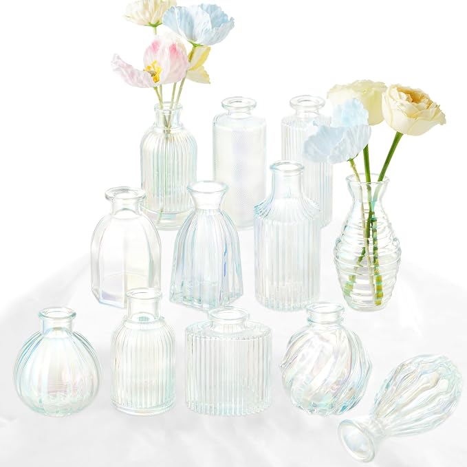 Bud Vases Set of 12, Iridescent Glass Vase for Decor Centerpieces | Small Vases for Flowers, Clear Irised Flower Vase Ribbed Modern Bud Vases Colorful Vases for Wedding Party Table Decoration
