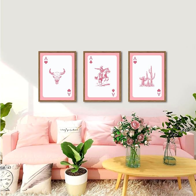 Set of 3 Western Cowgirl Wall Art Pink Bull Skull Wall Decor Painting Southwestern Playing Card Poster Canvas Prints Picture for Bedroom Living Room Wood Framed 12x16 inch