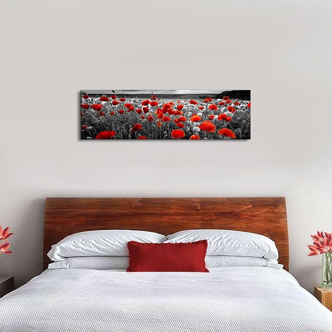 Nature Poppy Wall Art Red and Black Wall Decor Wildflower Field Landscape Picture Canvas Prints Sunrise Poppies Floral Painting Botanical Poster Artwork Living Room Bedroom Home Decorations 14x48”