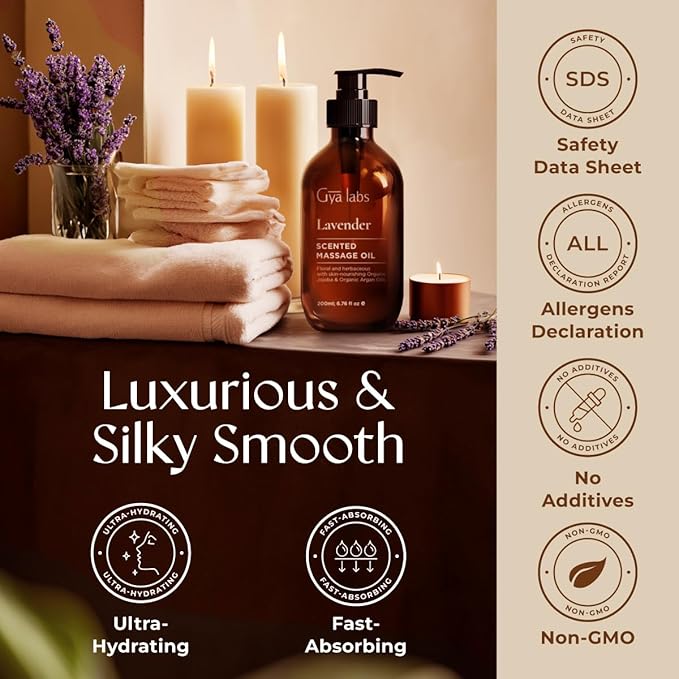 Gya Labs Lavender Massage Oil - 6.76 Fl Oz - Non-Greasy Formula for Sore Muscles, Deep Relaxation & All Skin Types - Suitable for Men & Women