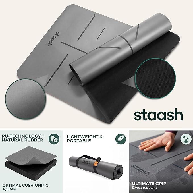 STAASH Premium Yoga Set – PU & Natural Rubber Mat + Towel + Strap + Knee Pad – Non-Slip Grip, Eco-Friendly, Studio Quality