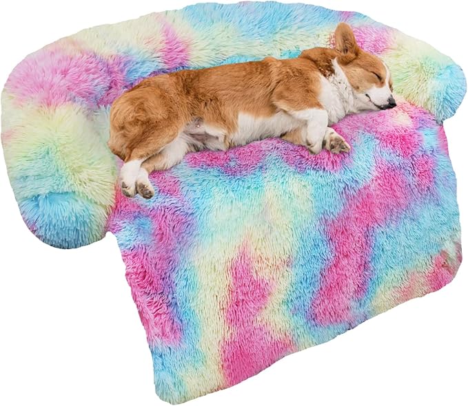 GGIB Calming Dog Bed Fluffy Plush Dog Mat for Furniture Protector with Removable Washable Cover for Large Medium Small Dogs and Cats (Medium, Rainbow)