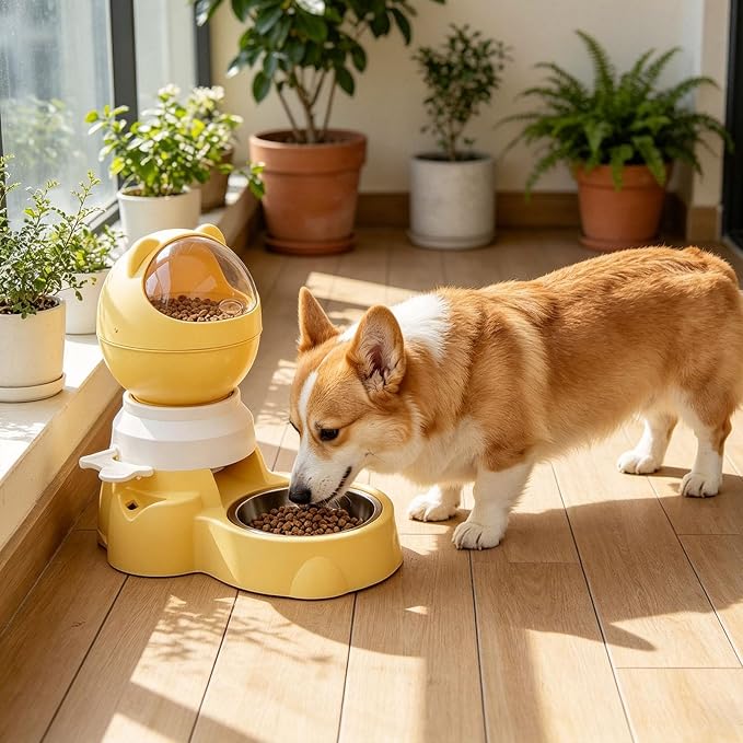 Automatic Gravity Pet Feeder Dispenser,Treat Dispenser with Button for Slow Feeder,Dog Waterer and Food Feeder for Cats Dogs (Yellow)