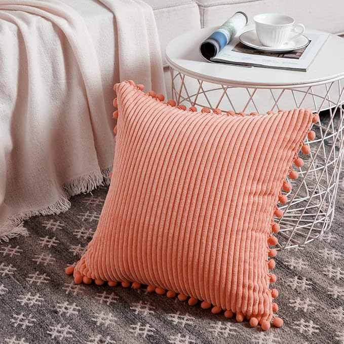 Fancy Homi Pack of 2 Coral Decorative Throw Pillow Covers 16x16 Inch with Pom-poms for Living Room Couch Bedroom, Soft Corduroy Peach Solid Square Cushion Case 40x40 cm, Rustic Farmhouse Home Decor