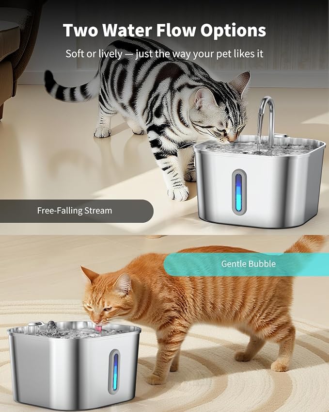 Stainless Steel Cat Water Fountain - 74oz/2.2L Cat Drinking Fountain | Quiet Cat Fountain for Indoor Cats and Small Dogs, Automatic Pet Water Dispenser Keeps Fresh Water, 4 Filters & 4 Sponges