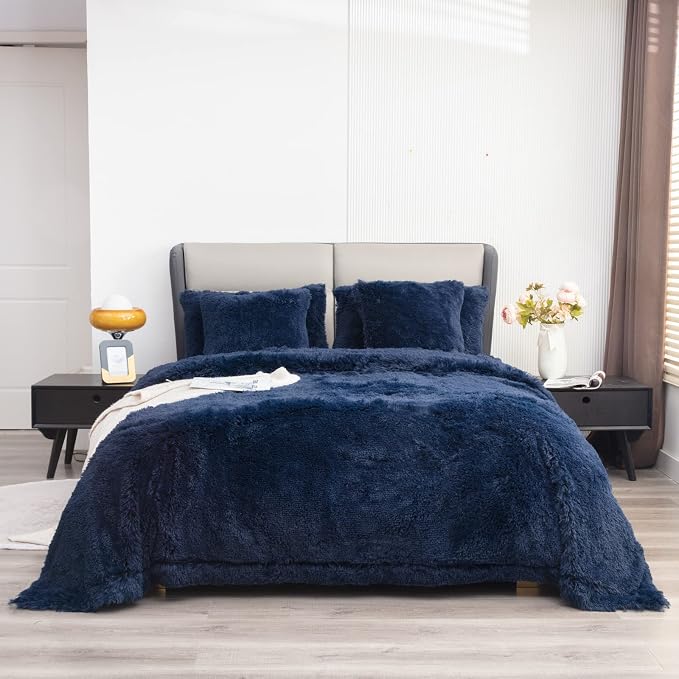 YUSOKI Long Faux Fur King Size Blanket, Navy Blue, 90" x 104" | Ultra Soft, Lightweight for All Season Use, stays fluffy after repeated washes, Perfect Gifts, Machine Washable