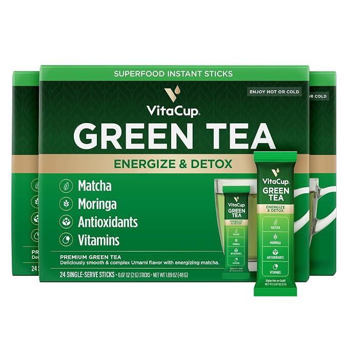 VitaCup Green Tea Instant Packets, Enhance Energy & Detox with Matcha, Moringa, B Vitamins, D3, Fiber, Keto, Paleo, Vegan in Tea Powder Single Serving Sticks, 72 Ct