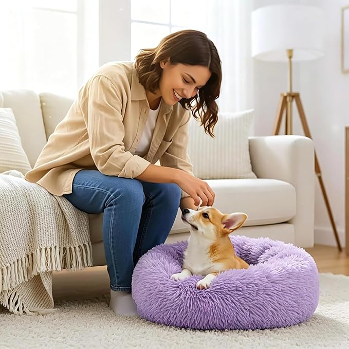 Calming Donut Dog Bed for Small Dogs, Anti-Anxiety Round Washable Plush Fluffy Faux Fur Large Cat Bed, 24 inches Fits up to 25 lbs Pets, Anti-Slip Waterproof Mute Base Purple