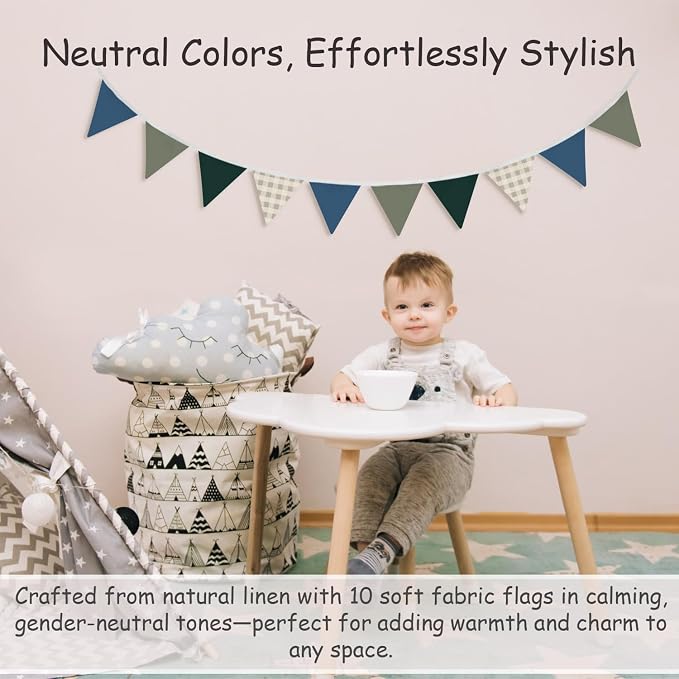 Boys Toddler Room Playroom Nursery Decor, Garland Triangle Banners Blue Grey,11Ft Vintage Warm Neutral Plaid Design Pennant Banner Bunting Flags Fabric for Baby Shower Birthday Party Wall Art