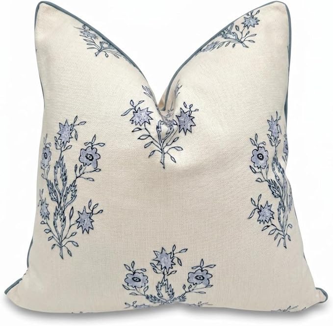 “The Mary” Periwinkle Floral Block Print Pillow Cover – Blue and White Decorative Throw Pillow Cover – Grandmillennial Home Decor, 24" x 24"