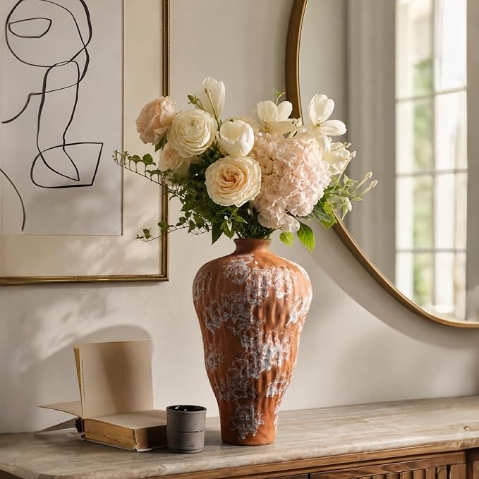 Rustic Farmhouse Terracotta Vase 11.8 inch, Handcrafted Unglazed Rough Clay Decorations with Distinct Natural Texture, Vintage Vase for Living Room Kitchen Bedroom Shelf Dining Mantel Decorations