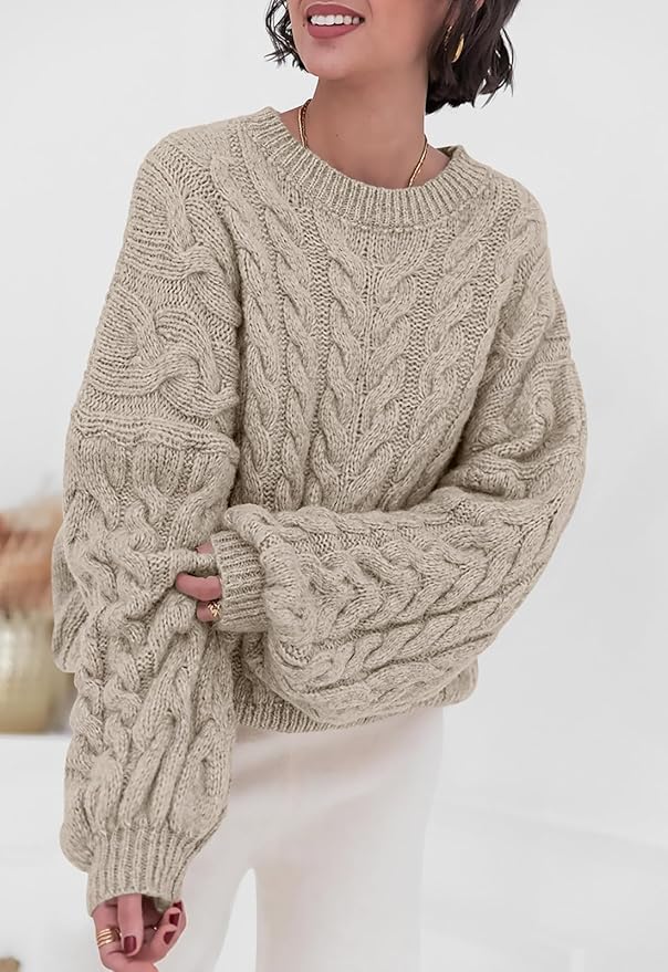 PRETTYGARDEN Womens Sweaters Spring 2026 Cable Knit Long Sleeve Crewneck Oversized Sweater Chunky Pullover Loose Outfits
