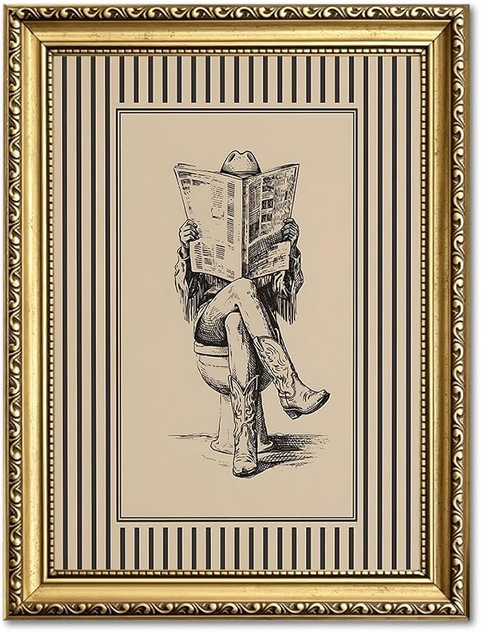Gold Framed Funny Cowgirl Bathroom Wall Art Western Cowgirl Reading Newspaper on Toilet Wall Decor, Farmhous Vintage Cowboy Bathroom Poster Canvas Painting Print Picture 12x16 inch