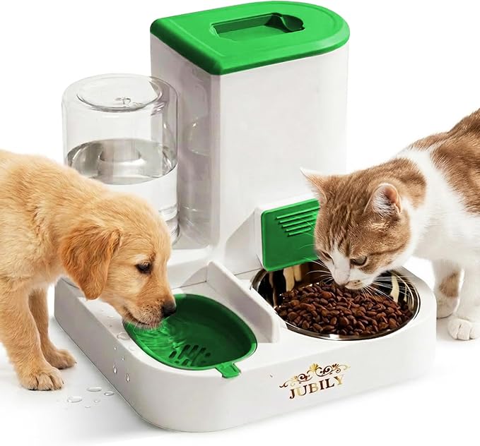 Automatic Cat Feeder & Water Dispenser – Gravity Cat Feeding Station with Stainless Steel Bowl, 2.2L Food & 1L Water Capacity, Automatic Pet Feeder for Cats & Small Dogs (Green)