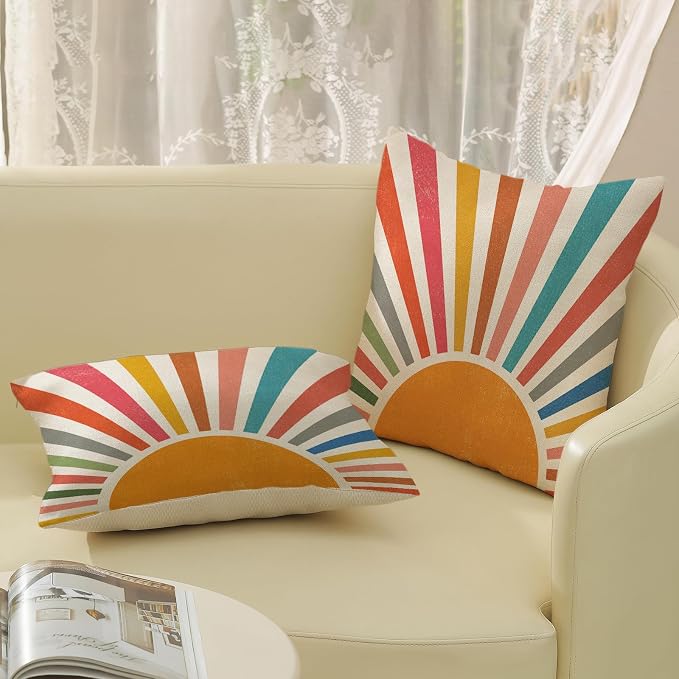 Summer Pillow Covers 20x20 Set of 2 Colorful Stripes Yellow Sunshine Throw Pillows Outdoor Boho Rainbow Sun Decorative Pillow Cases Linen Modern Farmhouse Cushion Case for Home Bedroom Decor