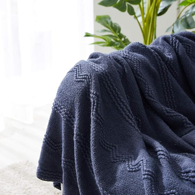 BOURINA Navy Throw Blanket 50x90 Inch Boho Knitted Soft Throw Sofa Blanket | Knitted Throw Blanket 50x90 Inches, Soft Lightweight Boho Weave Throw Decorative Couch Blanket for Living Room Bed Runner