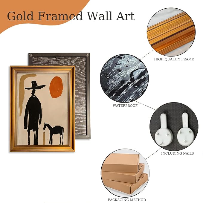 Western Desert Gold Framed Wall Art Abstract Cowboy Horse Sunset Wall Decor | Southwestern Vintage Pictures Canvas Art Minimalist Small Framed Print Artwork for Bedside Table Foyer Bookshelf Gallery Wall