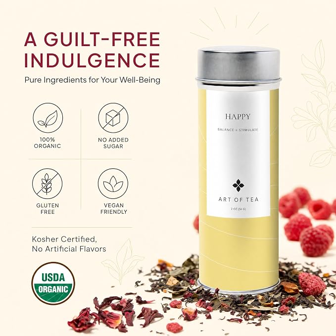 Art of Tea Happy Tea 2oz Loose Leaf Green Tea Tin, Fruity Jasmine Green Tea with Raspberry & Hibiscus, Premium Loose Leaf Tea for Natural Energy Support