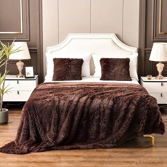 YUSOKI Long Faux Fur King Size Blanket, Brown, 90" x 104" | Ultra Soft, Lightweight for All Season Use, stays fluffy after repeated washes, Perfect Gifts, Machine Washable